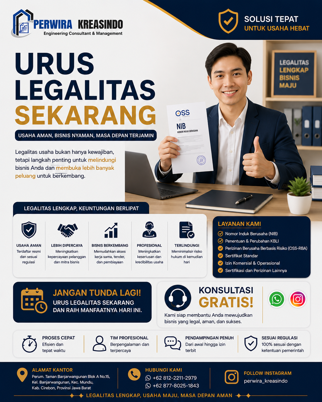 Urus legalitas sekarang bersama Perwira Kreasindo melalui layanan pengurusan NIB, KBLI, OSS-RBA, sertifikat standar, dan izin usaha