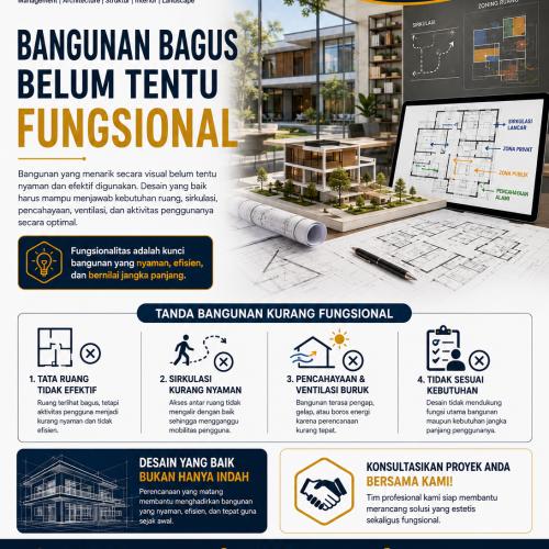 Desain arsitektur bangunan yang estetik dan fungsional dengan perencanaan ruang yang nyaman, efisien, dan sesuai kebutuhan bersama Perwira Kreasindo