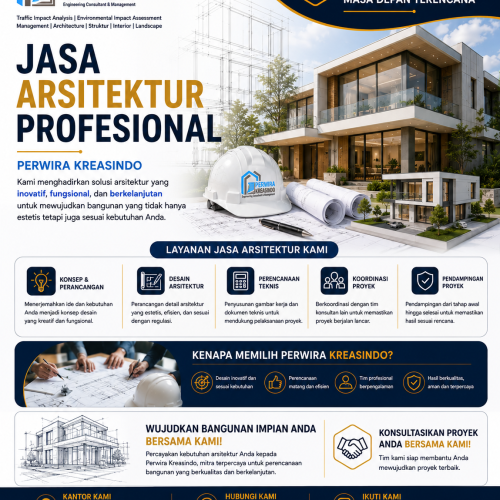 Jasa Arsitektur Profesional Perwira Kreasindo untuk perencanaan dan desain bangunan yang estetik, fungsional, nyaman, dan sesuai kebutuhan proyek.